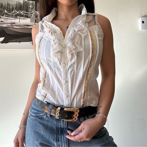 Office siren core white semi sheer ruffle button down blouse - Picture 1 of 5